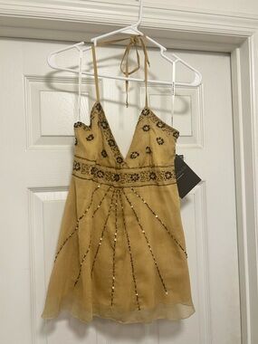 NWT Y2K Women’s Dressy Rampage Beige Embellished Beaded Halter Tank Top Sz M